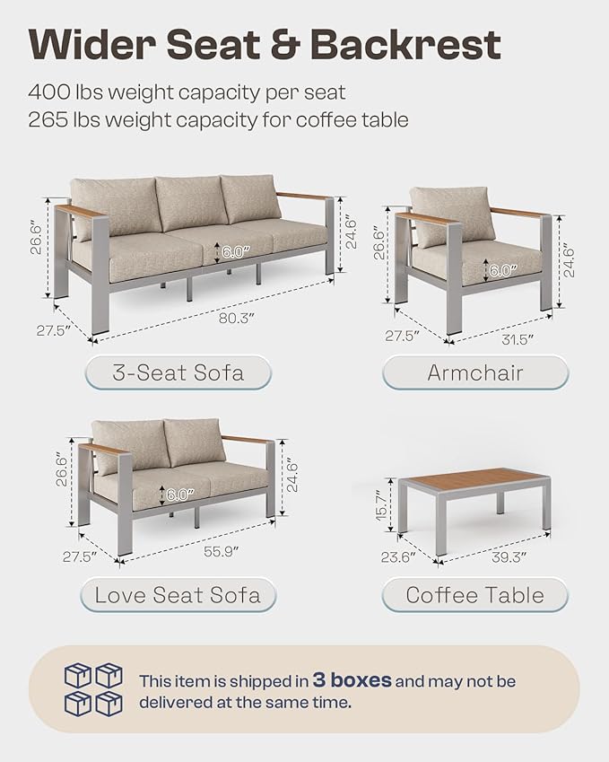 Aluminum Outdoor Patio Furniture Loveseat, All-Weather Outdoor Patio Chair with Washable Thick Cushion, Patio Outdoor Chair for Porch, Balcony, Deck, Yard, Silver