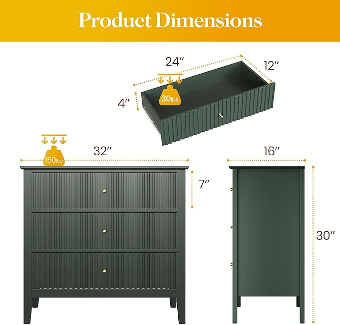 Large Green 3 Drawer Dresser, Painted 30 Inch Tall Wood Nightstand with Storage, Wide Modern Chest of Drawers with Ball Bearing Slide for Bedroom Hallway Living Room Entryway Office