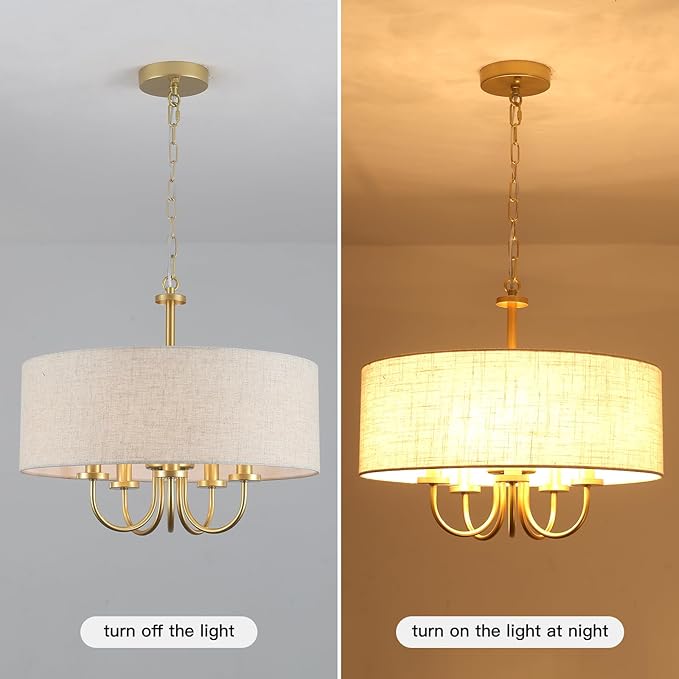 Drum Chandeliers for Dining Room, 5 Light White Drum Light Fixture Brass Round Chandelier with Linen Shades, 19" Fabric Pendant Light Gold Farmhouse Chandelier for Living Room Kitchen Bedroom Foyer
