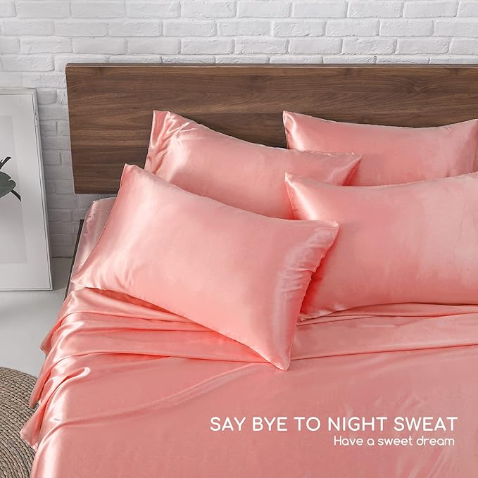 MR&HM Satin Bed Sheets, King Size Sheets Set, 6 Pcs Silky Bedding Set with 15 Inches Deep Pocket for Mattress (King, Blush)