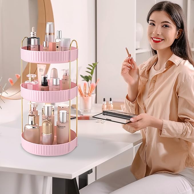 Aveniee 360 Rotating Makeup Organizer for Vanity, Skincare Perfume Organizers Large, Spinning Bathroom Counter Shelf Holder for Cosmetics, Skin Care, Lipsticks,3 Tiers, Pink