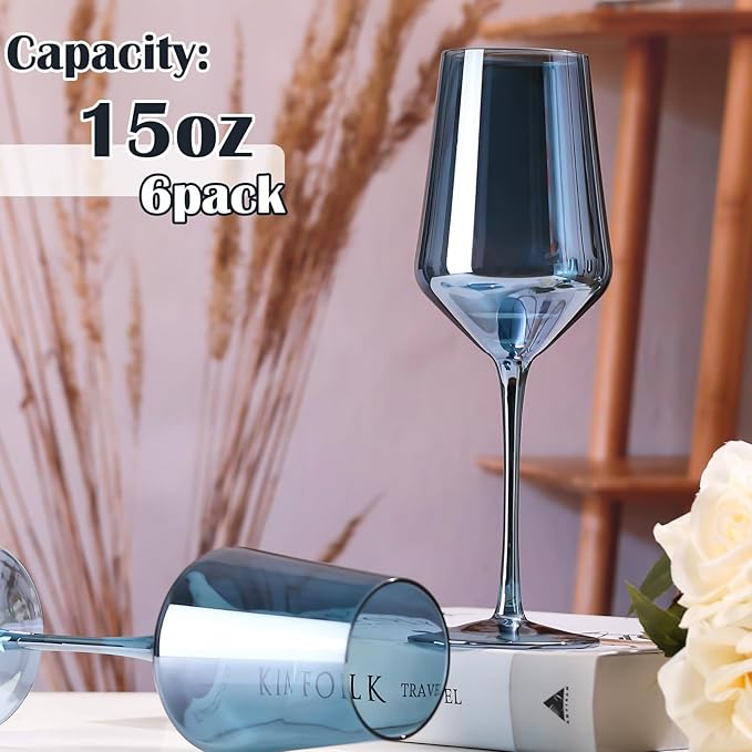 Midnight Blue Wine Glasses Set of 6-15oz Hand Blown Blue Wine Glasses Set for Party Wedding Home Bar