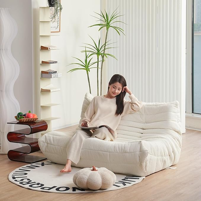 N&V Fireside Loveseat Mid Century Armless Twin Floor Sofa Corduroy Lounge Chair Accent Chair, Ivory
