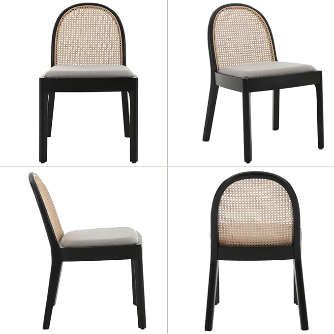 Mid Century Dining Chairs Set of 6, Rattan Side Chairs Linen Fabric Kitchen Chair with Solid Wooden Legs for Living Room Dining Room, Grey