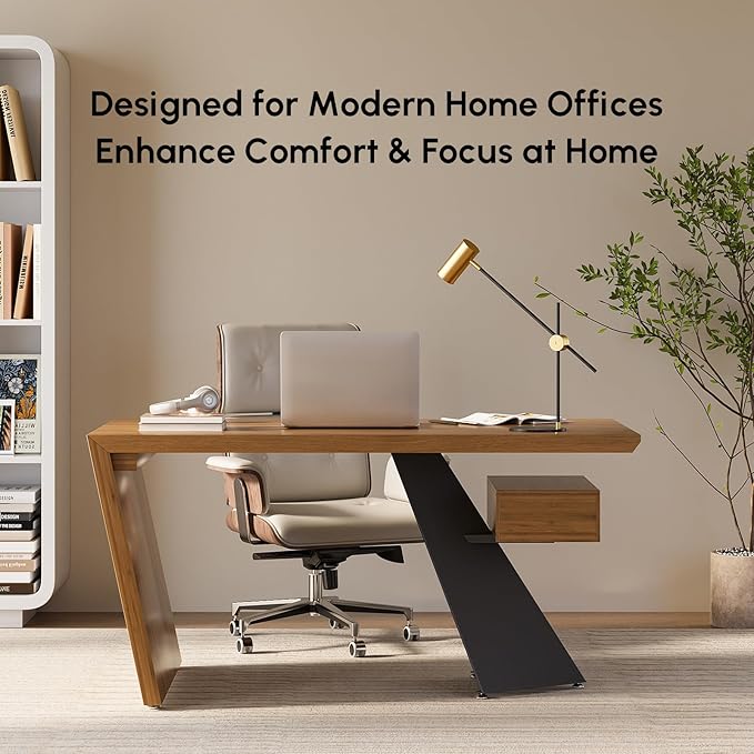 homary 55.1" Rustic Industrial Writing Desk, Home Office Desk with Drawer Natural Wooden Desk Home Office Computer Desk