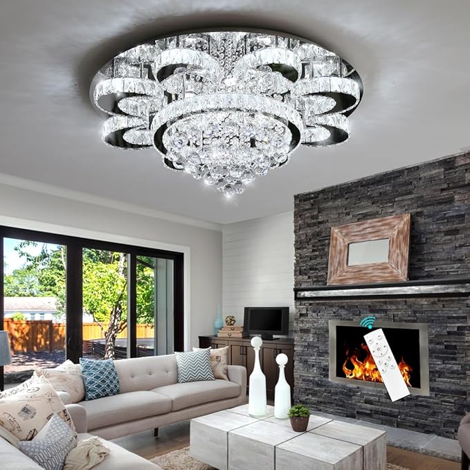 Modern Chandelier Living Room Glam Chandeliers Ceiling Light Fixture Remote Dimmable Lights 32 Inches Luxury Crystal Silver Light