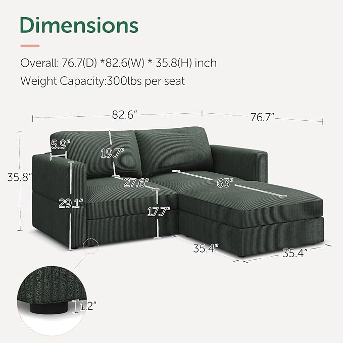 HONBAY Modular Sectional Sofa with Storage Corduroy Sectional Couches with Chaise L Shaped Sectional Couches for Living Room,Green