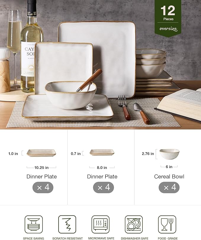 Famiware Dinnerware Sets for 4, Ocean Square 12-Piece Kitchen Plates and Bowls Sets, Reactive Glaze, Microwave and Dishwasher Safe, Scratch Resistant, Cappuccino White
