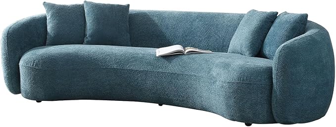 KEIKI 103" Boucle Half Moon Curved Sectional Sofa with 4 Throw Pillows, Modern 5-Seater Teddy Fleece Leisure Couch with Curved Backrest, Easy Assembly, for Apartment, Living Room, Bedroom, Blue