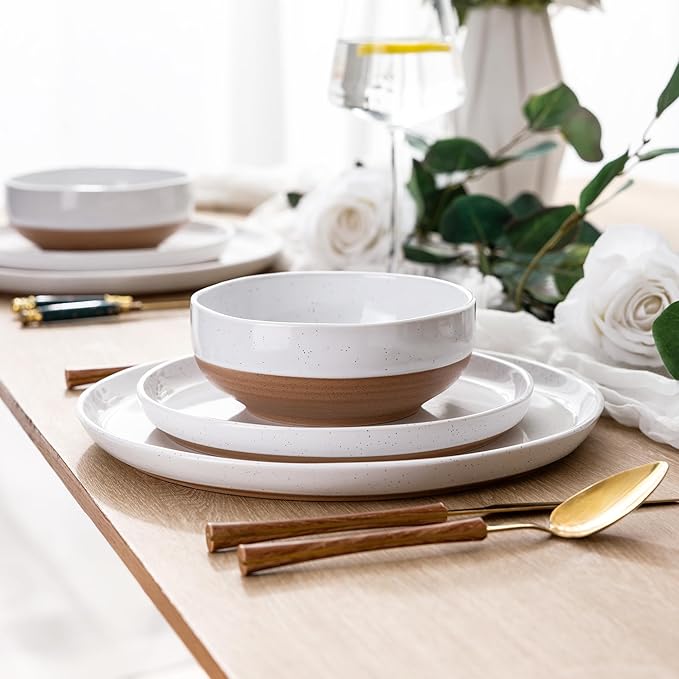 AmorArc 32 Pieces Ceramic Dinnerware Sets for 8, Handpainted Plates and Bowls Set with Rustic Terracotta Underside, Scratch Resistant Stoneware Dishes Set, Dishwasher & Microwave Safe, White