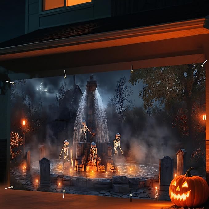 6 x 13 ft Halloween Garage Door Decorations Halloween decorations Witch Door Cover, Hanging Banner, Cauldron Backdrop Mural for Home, Outdoor, Indoor, Spooky Party, Wall, Window (Fountain)