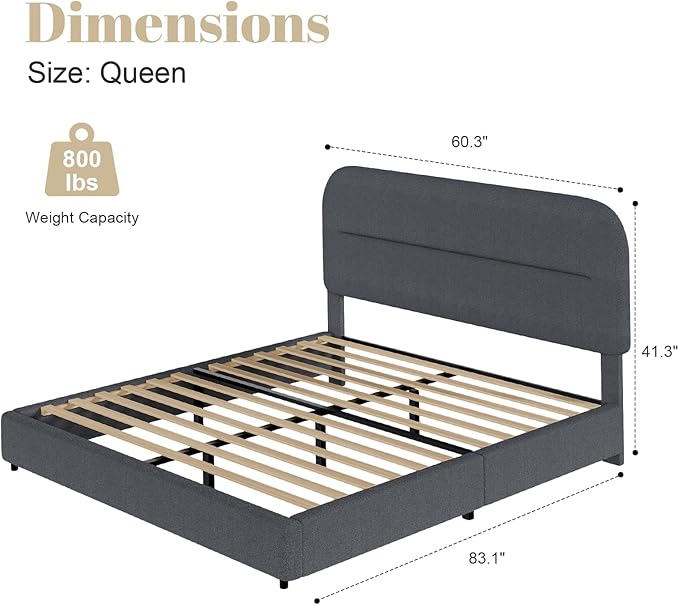 HOMBCK Queen Bed Frame Upholstered Boucle with Headboard/Thickened Footboard/Rounded Corners/No Box Spring Needed/Easy Assembly, Grey