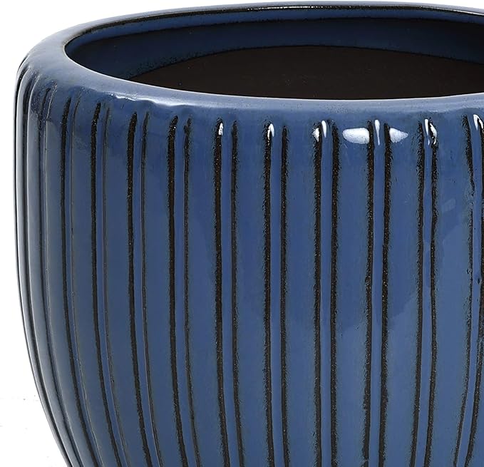 LuxenHome 11" Dia Ceramic Pots for Indoor Plants, Outdoor Large Planters with Drainage Holes and Rubber Plug, Modern Decorative Glazed Flower Pots, Blue Ribbed Round Planters for Home Garden Patio