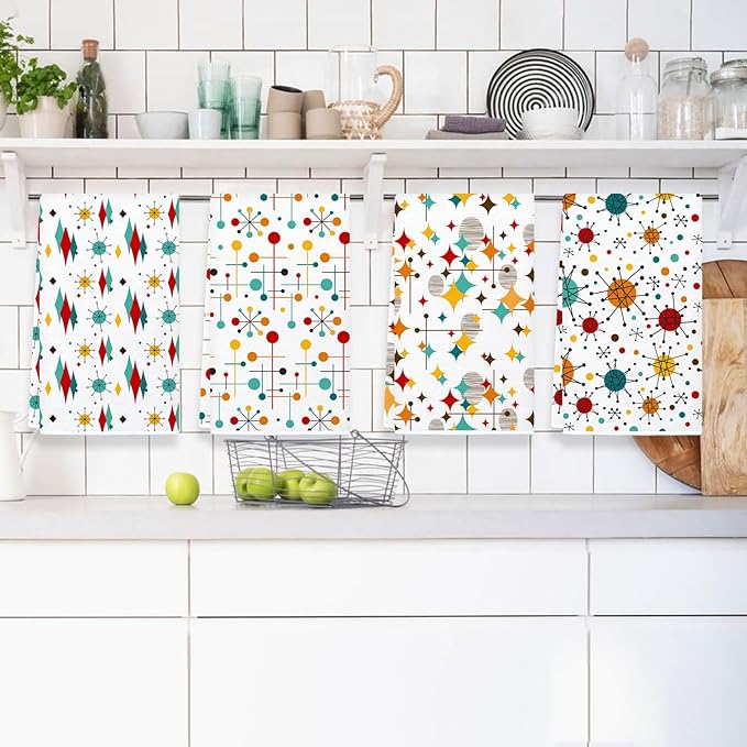 Mid Century Modern Kitchen Towels Set of 2 Diamond Absorbent Dish Towels 24x16