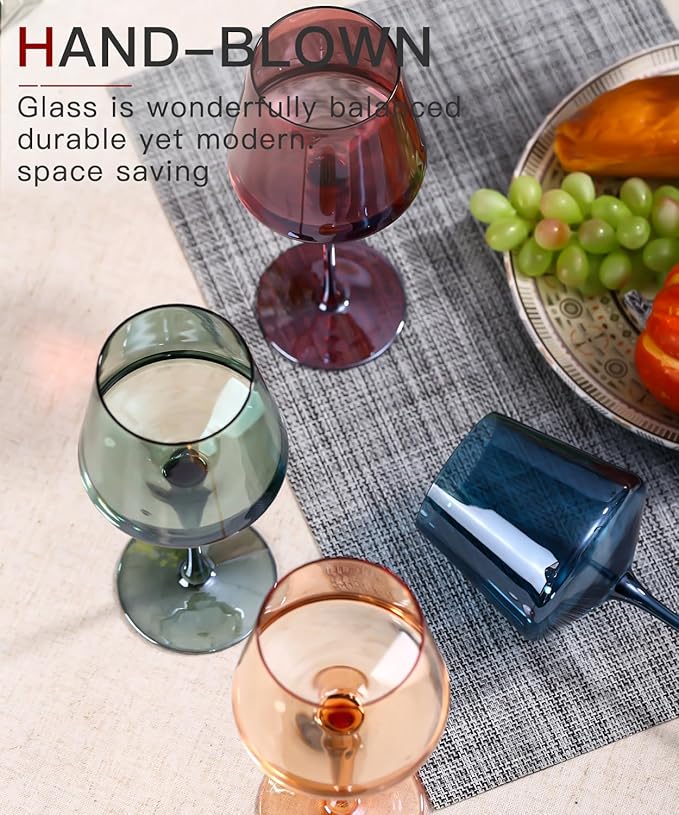 Hand Blown Colored Wine Glasses Set of 6-18oz Multi Colored Square Wine Glasses with Tall Long Stems and Flat Bottom,Crystal Colorful Wine Glass-Wedding,Birthday Gifts Gifts