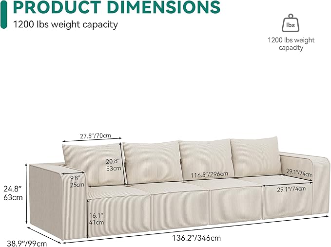 YITAHOME Oversized Cloud Sectional Couch: Deep Modular 4-Seat Sofa with 4 Pillows, Luxurious Corduroy Upholstered Couches for Living Room, Bedroom, Apartment, Office, No Assembly Required, Milky White