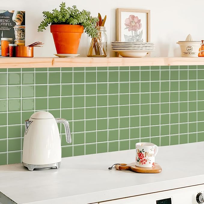 Alwayspon 10 Sheets 10"x10" Green 3D Vinyl Backsplash Tiles, Self-Adhesive Peel and Stick Wall Tile Stickers Stick on Subway Tiles for Kitchen Bathroom Wall