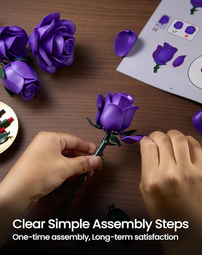 iATOM Purple Rose Bouquet Building Set, Compatible with Lego Flowers for Adults Women, Botanical Collection Gift for Halloween & Valentines Day - Artificial Plant Gothic Home Decor - IA11017
