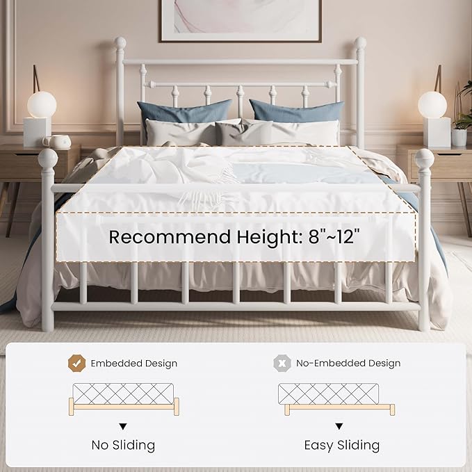 SHA CERLIN 14'' Full Size Metal Platform Bed Frame/Victorian Headboard and Footboard/Steel Slats Mattress Foundation for Storage/No Box Spring Needed/Noise Free/White