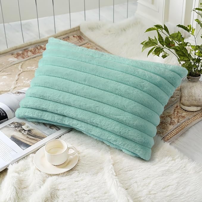 decorUhome Faux Fur Throw Pillow Covers 12x20 Set of 2, Decorative Soft Plush Striped Lumbar Neutral Euro Pillow Covers with Velvet Back for Bed, Living Room Home Decor, Aqua