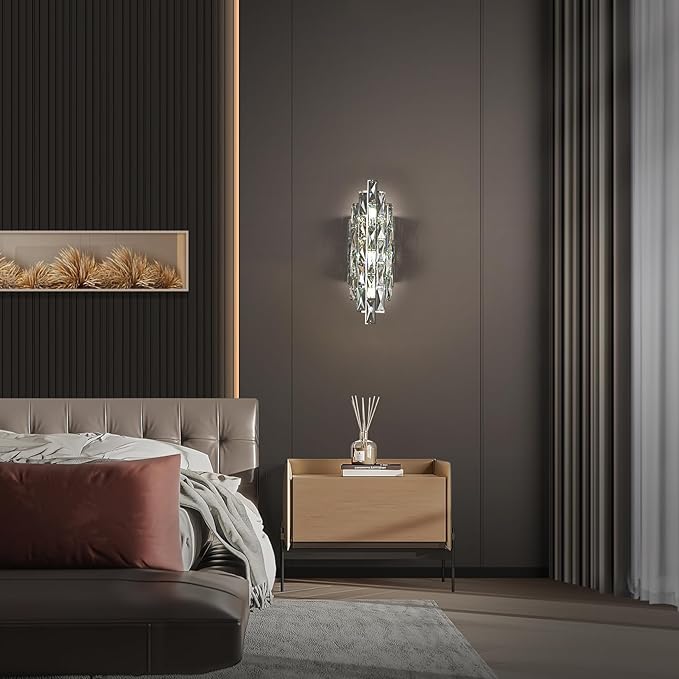 Crystal Modern Wall Sconces, Smoky Gray Wall Light Fixture for Luxury Indoor, K9 Vanity Wall Lighting for Bedside Bedroom Bathroom Living Room Doorway