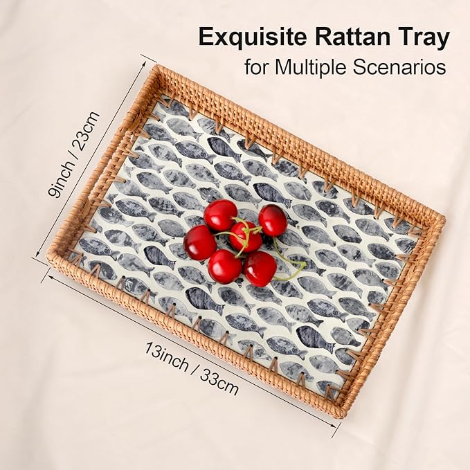 Rectangle Rattan Tray with Mother of Pearl Inlay, Rattan Serving Tray with Handle for Coffee, Bread, Fruits, Snacks, Decorative Wicker Tray for Table Decor (Rectangle Dark Blue Fish, 13"×9")