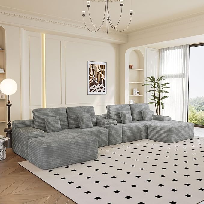 KEIKI 150" U-Shaped Oversized Corduroy Modular Sectional Sofa with 2 Ottomans and Multi Functional, 6-Seater Upholstered Couch, Easy Assembly, for Living Room, Grey