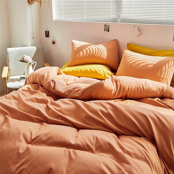 CLOTHKNOW Pink Peach Queen Comforter Set 3Pcs Orange Bedding Comforter Sets Soft Coral Queen Comforter Cozy Light Orange Comforter with 2 x Pillowcases