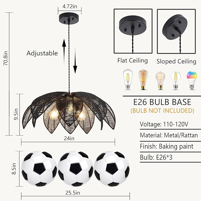 24” Black Boho Large Rattan Chandelier Light Fixture,3-Light Hand Woven Flower Chandelier Farmhouse Wicker Pendant Light for Kitchen,Living Room,Dining Room,Foyer, Bedroom