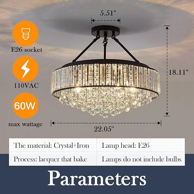 YYJLX 6-Light Modern Large Crystal Chandelier Black Metal E26 Semi Flush Mount Round Light Fixture Ceiling Lamp Farmhouse for Dining Living Room Laundry Foyer Kitchen Balcony Bedroom