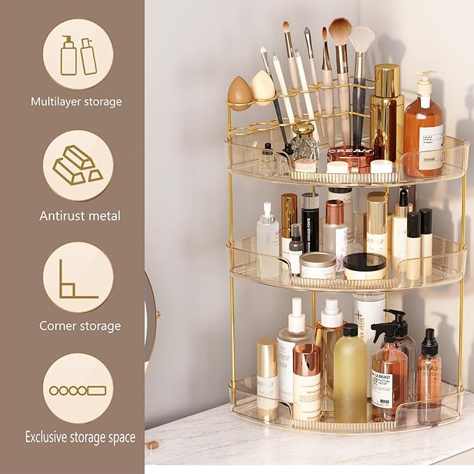 FELIZHOUSE 3-Tier Corner Bathroom Counter Organizer, Bathroom Countertop Shelf Makeup & Skincare Storage with Brush Holder for Vanity, Dresser, Kitchen - Amber