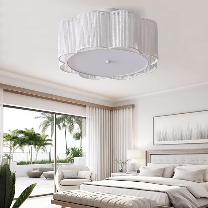 17.7" Rattan Flush Mount Ceiling Light, 3-Light Boho Close to Ceiling Light Fixtures, Rattan Bedroom Ceiling Light, Farmhouse Large Drum Chandelier for Dining Room, Kitchen, Hallway(White)