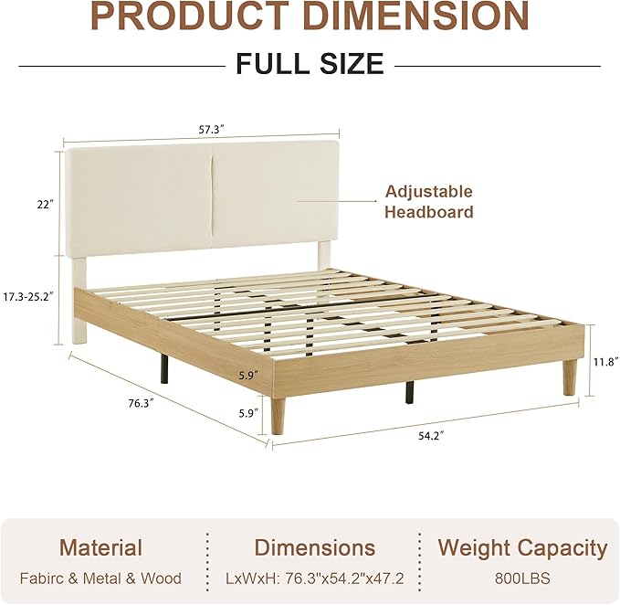 VECELO Full Bed Frame Upholstered Platform Beds with Height-Adjustable Cotton and Linen Headboard, Heavy Duty Wood Slats, 6" Under-Bed Space, Noise-Free, No Box Spring Needed,Easy Assembly