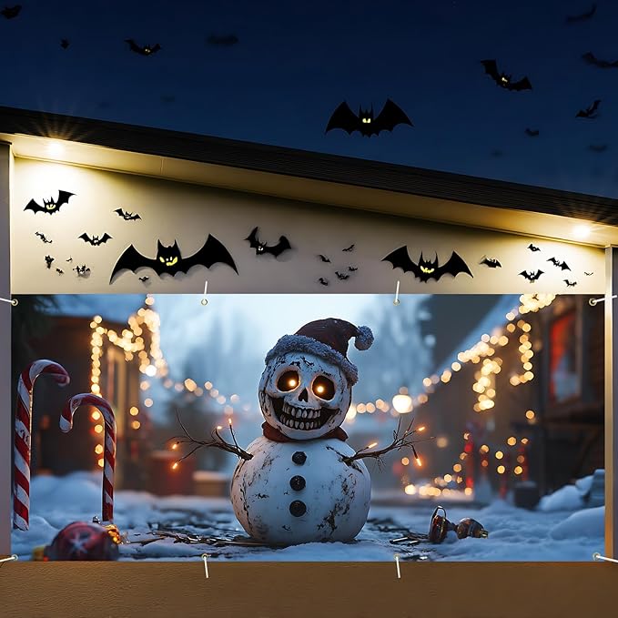 6 x 13 ft Halloween Garage Door Decorations Halloween decorations Witch Door Cover, Hanging Banner, Cauldron Backdrop Mural for Home, Outdoor, Indoor, Spooky Party, Wall, Window (Snowman)