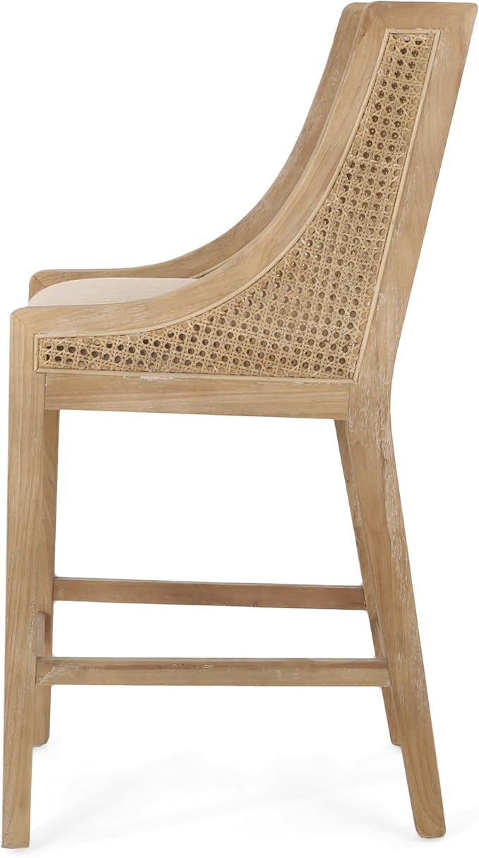 Merax 25.5" Fabric Upholstered Wood and Cane Counter Stools with Backrest,Set of 2,French Country Barstools Dining Chair