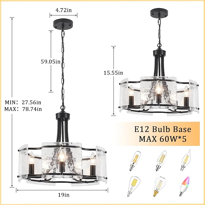 Modern Black Chandelier 5-Light Textured Glass Chandeliers for Dining Room 18.9''Drum Crystal Light Fixture Over Table Farmhouse Round Pendant Light for Kitchen Island Bedroom Living room Foyer,E12