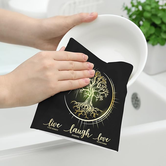 Live Laugh Love Kitchen Towels Set of 2 Absorbent Tree Life Hippie Witchy Aesthetic Cute Moon Dish Towels Tabletop Decor