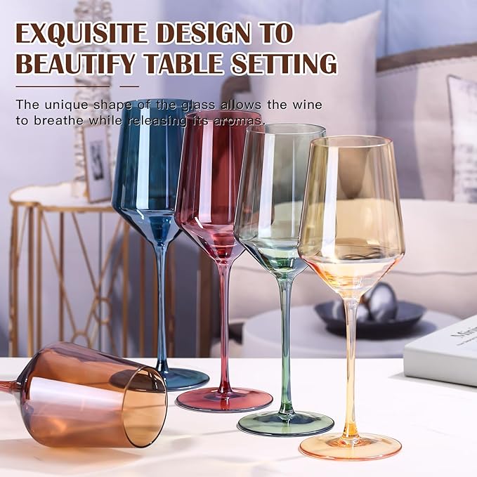 Colored Wine Glasses Set of 6-15oz Hand Blown Colored Crystal Red Wine Glasses with Stem for Party Bar