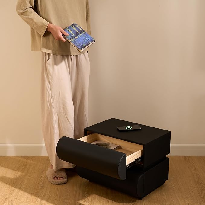homary Smart Nightstand Modern Black Leather Nightstands with Wireless Charger Bedside Table with 2 Drawers for Bedrooms Living Rooms Offices 19.7" W x 15.7" D x 15.7" H