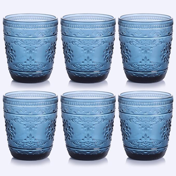 Blue Glassware set of 6, 10OZ Drinking Glasses, Blue Heavy Duty Glass Cups, Old Fashioned Glass, Embossed Glasses Set for Party Wedding Home Office Glassesware Gift