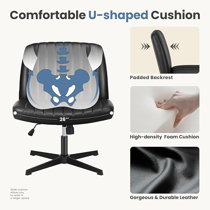 DUMOS Desk Chair No Wheels, Criss Cross Chair Wide Cross Legged Desk Vanity Chair, PU Leather Armless Adjustable Swivel Chairs for Home Computer Task Black