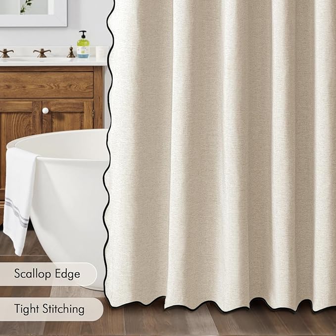 MIULEE 84" Long Scalloped Shower Curtain Linen Textured with 12 Metal Hooks Cute Extra Long Heavy Duty Washable Waterproof Cloth Shower Curtains with Black Border for Bathroom Hotel Bathtub,Beige
