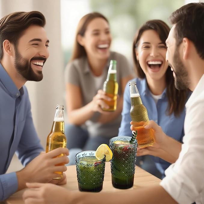 Blue Drinking Glasses Set of 12, 14 Oz Highball & 10 Oz Cocktail Glasses, Blue Kitchen Vintage Glassware Set, Floral Embossed Glass Tumbler Cups for Juice, Beer, Water, Whiskey, Coffee