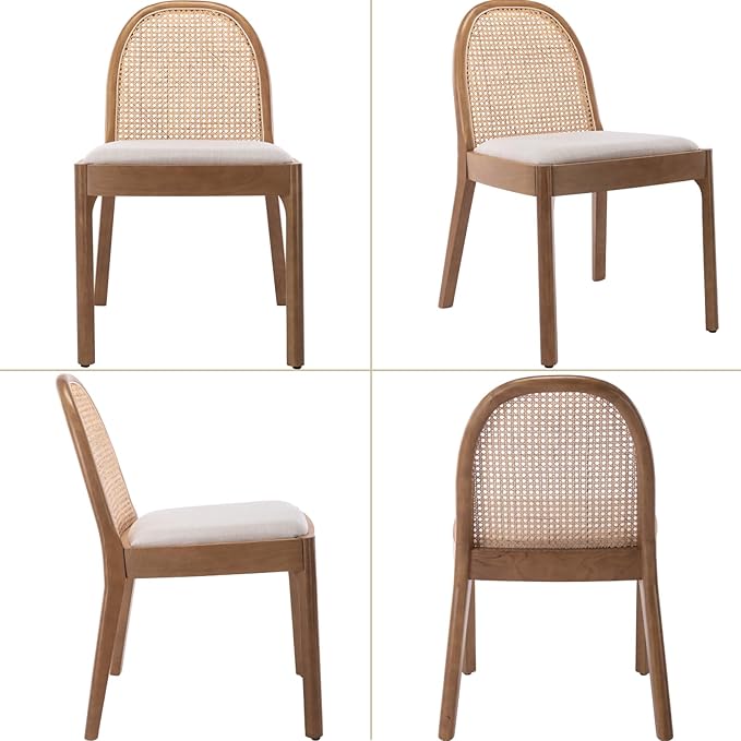 Mid Century Dining Chairs Set of 6, Rattan Linen Fabric Side Chairs Kitchen Chair with Solid Wooden Legs for Living Room Dining Room, Beige
