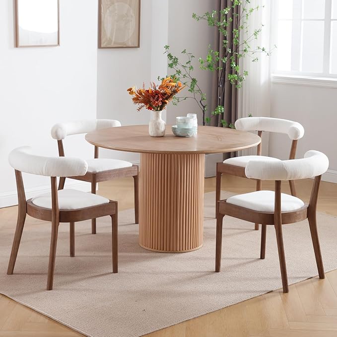 Wood Dining Chairs Set of 6, Mid Century Modern Living Room Chairs with Unique Curved Open Back Comfy Upholstered Side Chair for Kitchen/Restaurant/Reception, Linen White