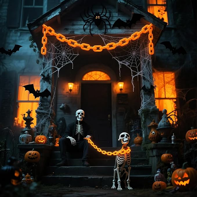 Solar Halloween Chain String Lights Decoration, Upgraded 10Ft 160LED Orange Plastic Lights with 8 Lighting Modes for Indoor Outoor Halloween Party Cosplay Haunted House Spooky Decor