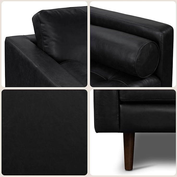 Poly & Bark Napa Leather Couch - 88.5-Inch Office Sofa with 2 Bolsters - Full-Grain Leather Sofa for Living Room with Feather-Down Topper - Living Room Couch - Vintage Italian Leather in Onyx Black