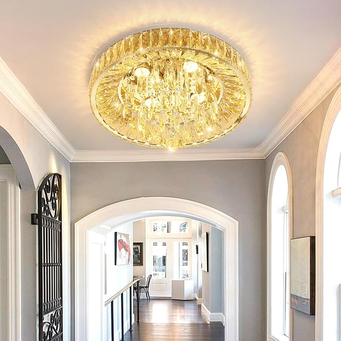 Modern Crystal Chandeliers for Dining Room LED Light Fixture Close to Ceiling Chandelier Flush Mount Ceiling Light Dimmable Lamp with Remote for Living Room Bedroom Hallway