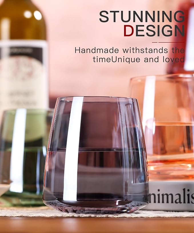 Stemless Colored Wine Glasses Set of 6-15oz Colorful Wine Glasses,Perfect Red Wine Glass Stemware for Wine Lover in Wedding,Engagement Gifts