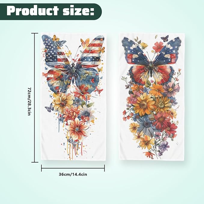 American Flag Butterfly Kitchen Dish Towels Set of 2 Watercolor Holiday Tabletop Decor Butterfly